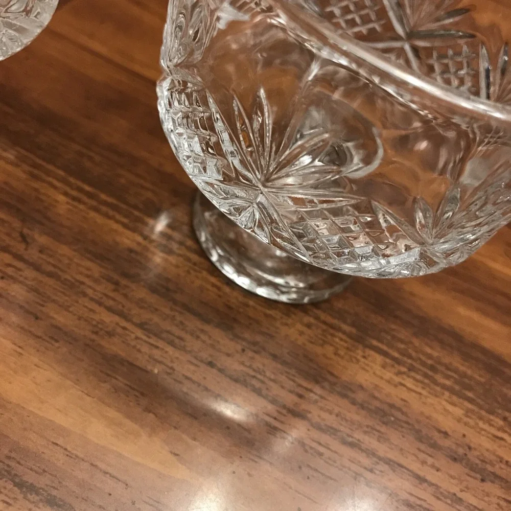 vintage set‎ of 2 Clear Glass Footed Berry Bowls Crisscross